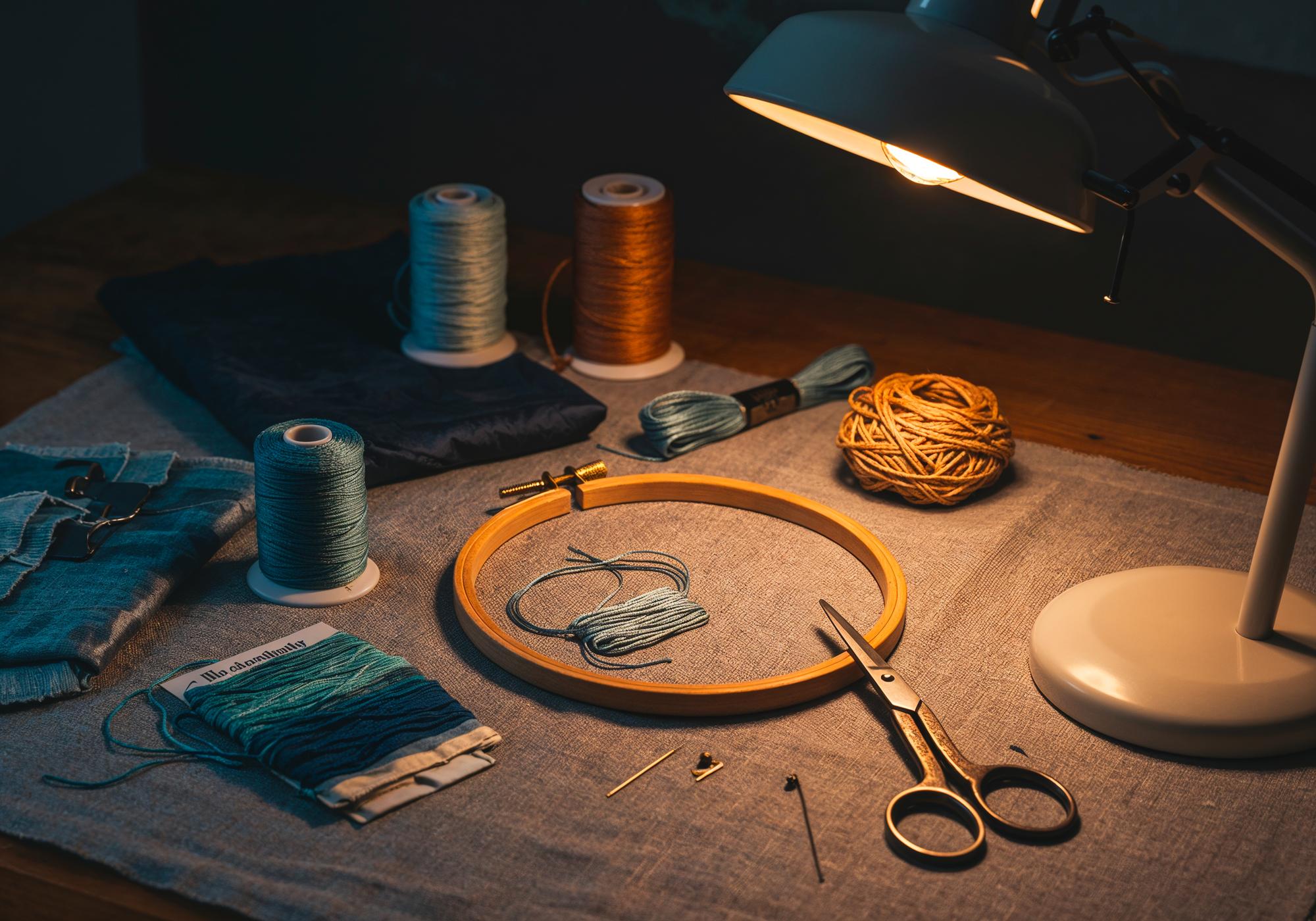 Workshop table with threads and needlework